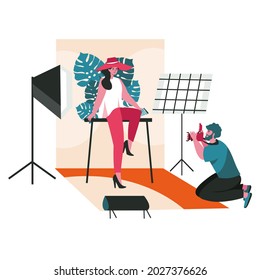 People work as photographers scene concept. Man makes photo session of posing fashion model in the studio. Profession and hobby people activities. Vector illustration of characters in flat design