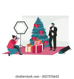People work as photographers scene concept. Woman with camera takes photo of man in Christmas decorations. Profession and hobby people activities. Vector illustration of characters in flat design