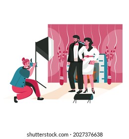 People work as photographers scene concept. Man with camera makes photo session for couple in the studio. Profession and hobby people activities. Vector illustration of characters in flat design