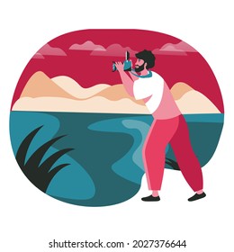 People work as photographers scene concept. Man with photo camera takes picture of nature landscape at hiking. Profession and hobby people activities. Vector illustration of characters in flat design