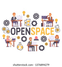People work place vector business worker or person working on laptop computer at the table in office backdrop of coworker character workplace illustration background.