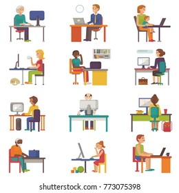 People work place vector business worker or person working on laptop at the table in office coworker or character workplace on computer with illustration isolated on white background