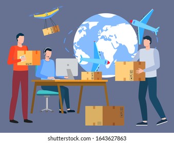 People work at postal office, they hold carton boxes in hands. Man sitting by table and typing working on computer. Worldwide delivery of parcels. Planet Earth globe on background. Vector illustration