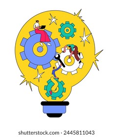 People work to realize an idea, a light bulb, a gear mechanism