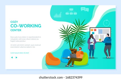 People work and relax at cozy zone at office. Guy sit on pouf with laptop and working on it. Man and woman stand near board and talking. Designed website about coworking center. Vector illustration