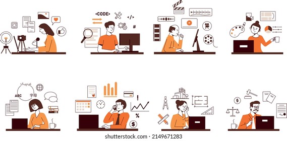 People work remotely. Blogger, programmer, video editor, designer, translator. Freelancing vector concept set.
