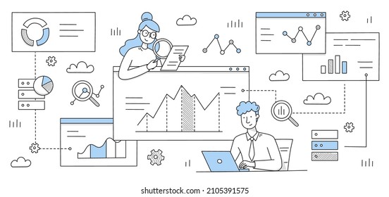 People work with research analytics and statistic. on dashboard with graphs and charts. Vector doodle illustration of data analysis with man with laptop, woman with report, graphs and charts