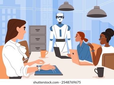 As pessoas trabalham com robôs. AI cyborg na reunião de trabalho. Colegas e parceiros. Inteligência artificial e aprendizagem de máquina. Trabalho em equipe e parceria. Ilustração de vetor plano