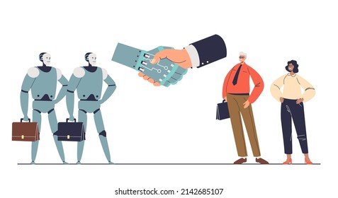 People work with robots. Human and robotic collaboration with handshake of businessman and ai cyber technology. Future automation concept. Cartoon flat vector illustration