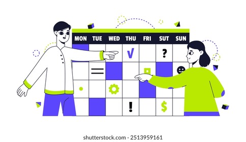 People work schedule planning. Business characters planning productive work schedule flat vector illustration. Work schedule organizing