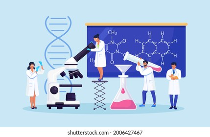People work in science laboratory. Tiny scientist researcher working with lab scientific equipment, microscope. Laboratory staff performing experiments, research, analysis and tests of vaccines.