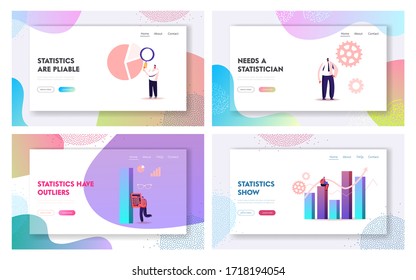 People Work with Science Statistics Landing Page Template Set. Tiny Characters at Touch Screen and Huge Column Data Chart. Project Management Analysis, Development Graphs. Cartoon Vector Illustration