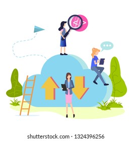 People Work and Search Cloud Storage Flat Cartoon. Character Upload and Download Information use Repository. Businesswoman provides Control Work Organization. Girl Applies Magnifier for Tag Investigation