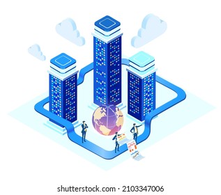 People work in server room. Isometric 3D business concept environment,  technology, big data, computing, artificial intelligence,  concept illustration