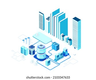 People work in server room. Isometric 3D business concept environment,  technology, big data, computing, artificial intelligence,  concept illustration