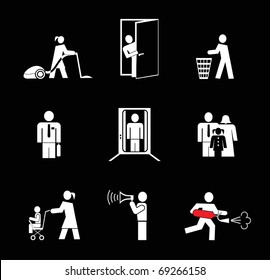 People at work. Set of simple vector icons. White on black. Woman vacuuming the floor. Man opened the door, throws trash. Man in an elevator. Fire extinguisher. Woman with a pram.