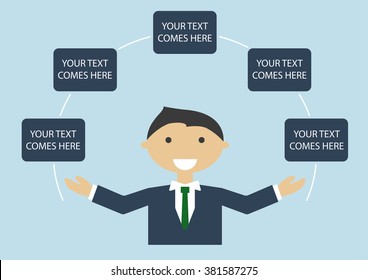 People at work: smiling business man juggling multiple items. Can be used as template or infographic to put your own text