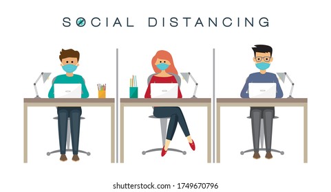 People at work, social distancing concept, prevention of coronavirus, vector illustration