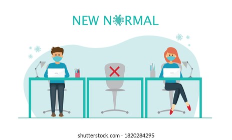 People at work, social distancing concept, prevention of coronavirus. New normal concept illustration