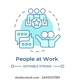People at work soft blue concept icon. Communication, teamwork. Workflow organization, collaboration. Round shape line illustration. Abstract idea. Graphic design. Easy to use in article, blog post