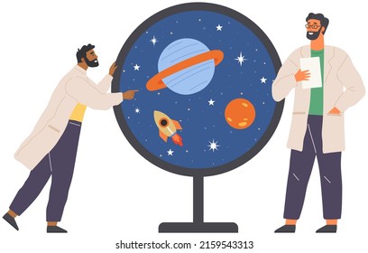 People Work With Space Science Research. Scientists Exploring Universe Nature, Satellite Planet. Colleagues Discussing Space Objects, Planets. Researchers Work In Astronomy, Galaxy Exploration