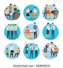 People at work start up set of images in circles, teamwork and discussions, new ideas and winning position, isolated on vector illustration