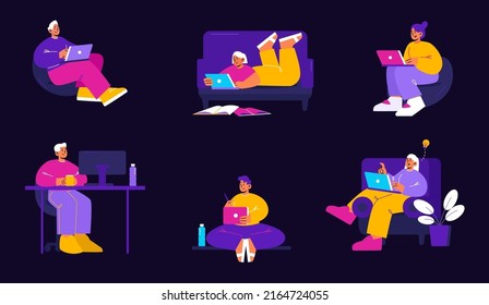 People work and study at home. Concept of freelance, distance job, online learning. Vector flat illustration with students or workers with laptop isolated on black background