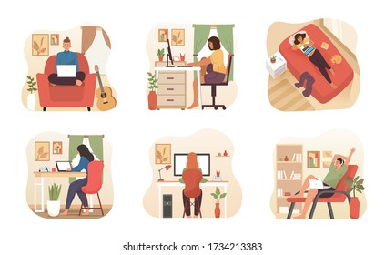 People work and study at home. Freelancer character working on laptop or computer at home with comfortable workplace