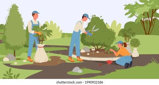 La gente trabaja en el bosque o parque de verano, cultiva plantas, jardineros trabajando y jardinería