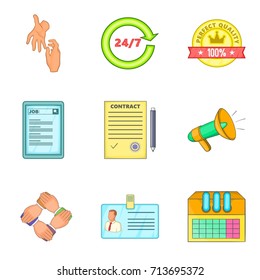 People work support icon set. Cartoon set of 9 people work support vector icons for web design isolated on white background