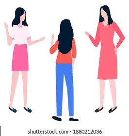 People at work talking about job vector, flat style characters female workers. Lady talking to friend, businesswoman boss and employees discussion