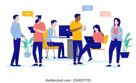 People at work talking - Office with businesspeople discussing, having conversations and working. Flat design vector illustration with white background