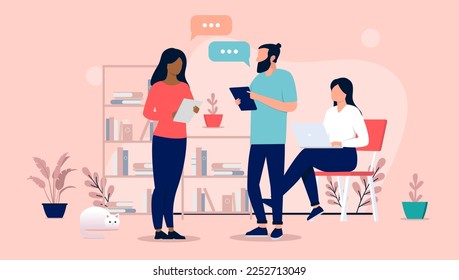 People at work talking - Three vector characters in office workplace having conversation and discussion with speech bubbles. Flat design illustration