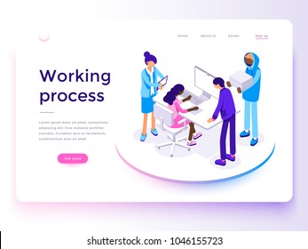 People work in a team and achieve the goal. Business processes and office situations. Landing page template. 3d vector isometric illustration.