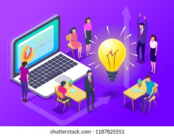 People work in a team and achieve the goal. Isometric vector illustration. Light bulb.Energy and idea symbol.Searching for new ideas solutions, working together in the company, brainstorming. Startup