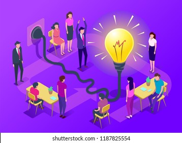 People work in a team and achieve the goal. Isometric vector illustration. Light bulb.Energy and idea symbol.Searching for new ideas solutions, working together in the company, brainstorming. Startup