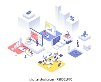People work in a team and achieve the goal. Startup concept. Launch a new product on a market. Isometric vector illustration.