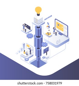 People work in a team and achieve the goal. Startup concept. Launch a new product on a market. Isometric vector illustration.