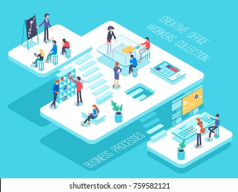 People Work In A Team And Achieve The Goal. Startup Concept. Launch A New Product On A Market. Isometric Illustration.