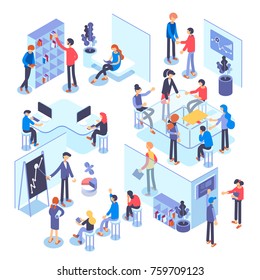 People work in a team and achieve the goal. Business processes and office situations. Isometric illustration.