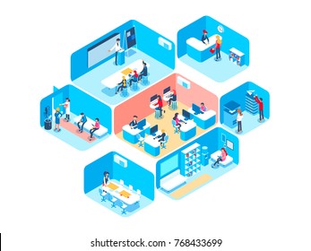 People work in a team and achieve the goal. Business processes and office situations. Isometric vector illustration.