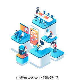 People Work In A Team And Achieve The Goal. Startup Concept. Launch A New Product On A Market. Isometric Illustration.