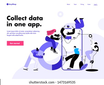 People work in a team, build a dashboard and interact with graphs. Data analysis, and office situations. Landing page template. Vector illustration