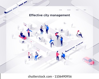 People work in a team and build a smart city. Landing page concept. 3d isometric vector illustration