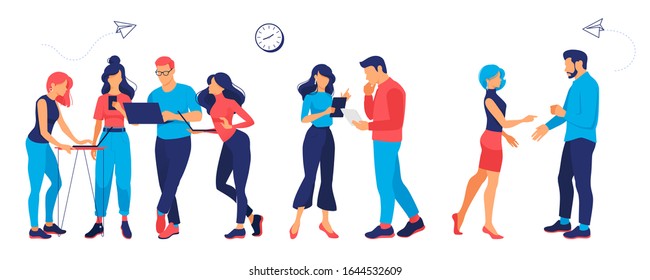 People work in a team. Business, workflow management and office situations. Landing page template. Isolated white background. set of 3d isometric illustration in modern flat style. Vector.