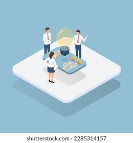 People work in a team. Development of business project from idea to goal. Startup concept. Isometric vector.