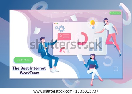 People work in a team and generate ideas while interacting with graphs and shapes. Data analysis and office situations.Flat vector illustration