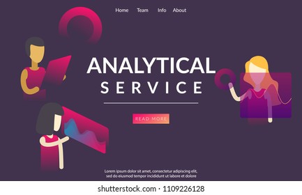 People work in a team and interact with graphs. Business, workflow management and office situations. Landing page template. 3d vector isometric illustration.Data analysis, statistics collection.