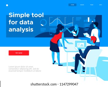 People work in a team and interact with graphs. Business, workflow management and office situations. Creative web page design template. 3d vector isometric illustration. 