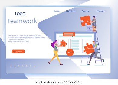 People work in a team and interact with graphs. Business, workflow management and office situations. Landing page template. 3d vector isometric illustration.